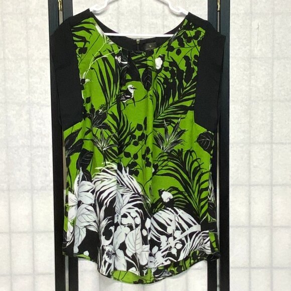 Worthington Banded Cap Sleeve Pleated Front Back Yoke Zip Top Black Green XL - Picture 1 of 12